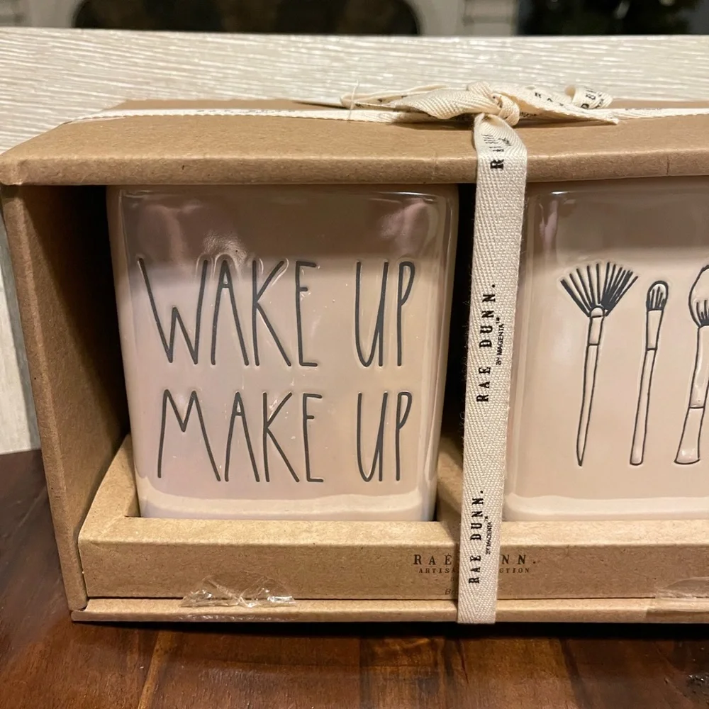 Rae Dunn Pink Iridescent Brush Cup Set of 2 Wake Up Make Up Brush Cups New Rare